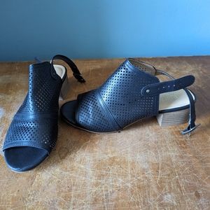 Restricted Black Leather Peep Toe Sandals